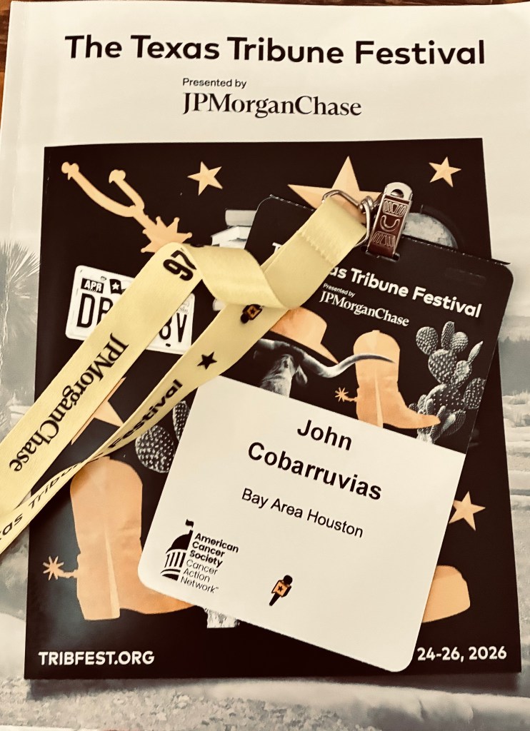 Texas Tribune Festival brochure with a name badge for John Cobarruvias, displaying 'Bay Area Houston' and branding from JPMorgan Chase and the American Cancer Society.