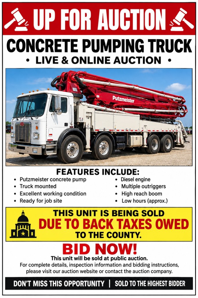 A concrete pumping truck available for auction, featuring a Putzmeister pump, truck-mounted design, and high reach boom. The image highlights details about the auction, including features and urgency to bid due to back taxes owed.