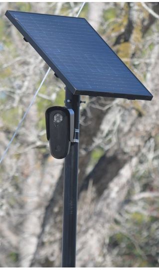A solar panel mounted on a pole, with a camera attached beside it, set against a blurred natural background.