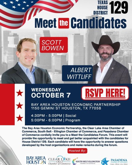 Promotional flyer for a 'Meet the Candidates' event featuring candidates Scott Bowen and Albert Wittliff for Texas House District 129, scheduled for October 7 at the Bay Area Houston Economic Partnership.