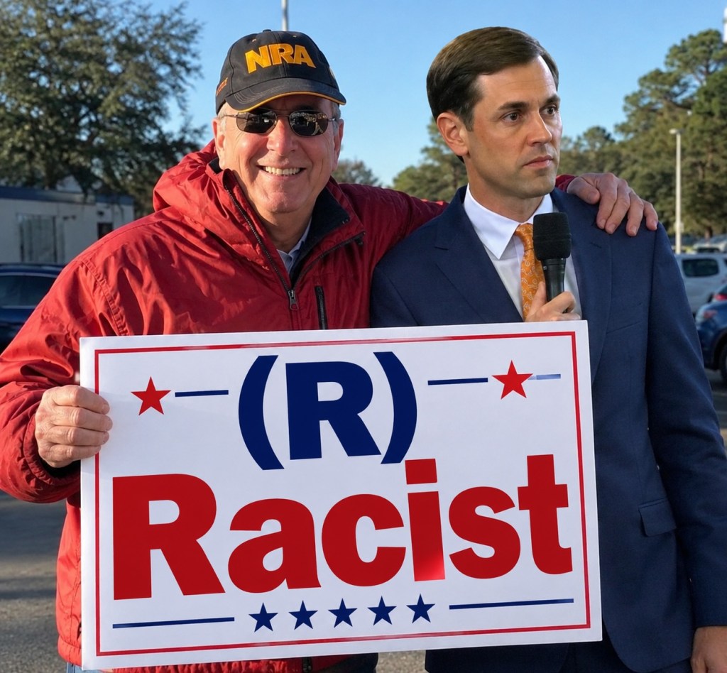 A man in a red jacket and sunglasses smiles while holding a sign that says '(R) Racist', next to another man in a suit holding a microphone.