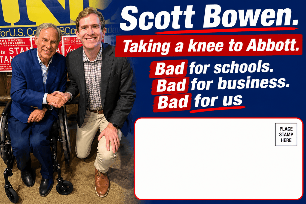 Two men shaking hands, one in a wheelchair wearing a blue suit, the other in a gray blazer and checkered shirt. Background features political campaign signs. Text overlay includes 'Scott Bowen. Taking a knee to Abbott. Bad for schools. Bad for business. Bad for us.'