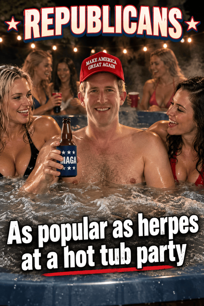 A man wearing a red 'Make America Great Again' hat holds a beer in a hot tub surrounded by three women, all smiling and enjoying the party atmosphere.