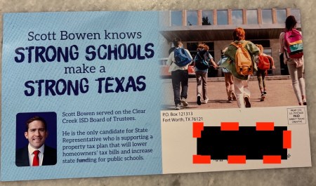 A promotional mailer for Scott Bowen, featuring a photo of students walking to school and text emphasizing the importance of strong schools for Texas.