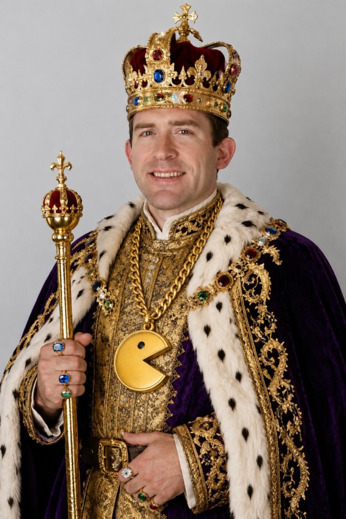 A man dressed in ornate royal attire with a purple cloak and gold crown, holding a scepter. He wears a necklace featuring a Pac-Man pendant and multiple rings adorned with colorful gemstones.