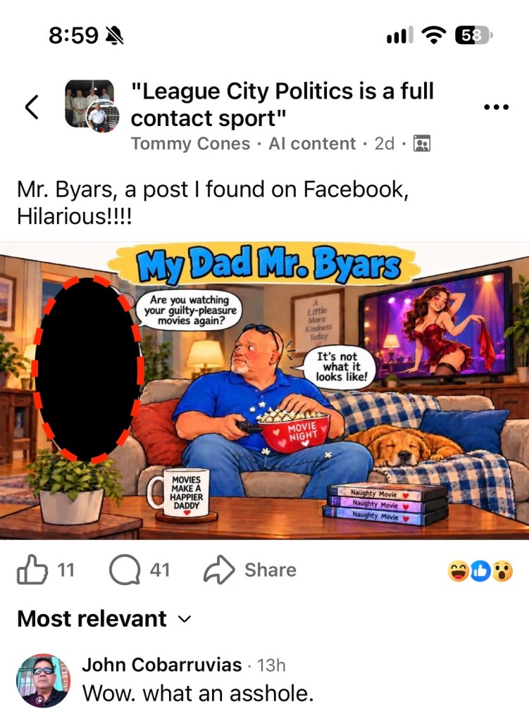 A humorous cartoon featuring a man on the couch, watching TV with a bag of popcorn, surrounded by movie titles labeled 'Naughty Movie.' A woman in a provocative outfit is shown on the screen. The text reads 'My Dad Mr. Byars' and includes a comment from a Facebook post.